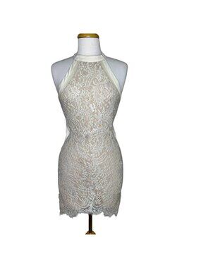 Luxxel Cream Colored Lace Naked Dress, Halter Neck, Clubbing Dress, Size Large